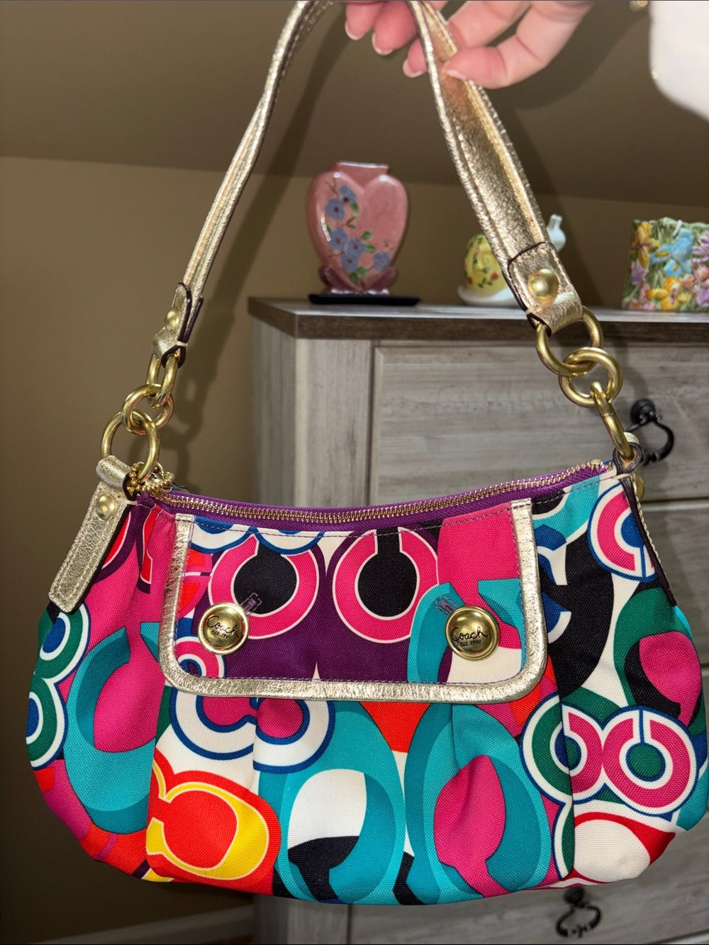 Coach Colorful Circle Print Shoulder Bag with Gold Strap